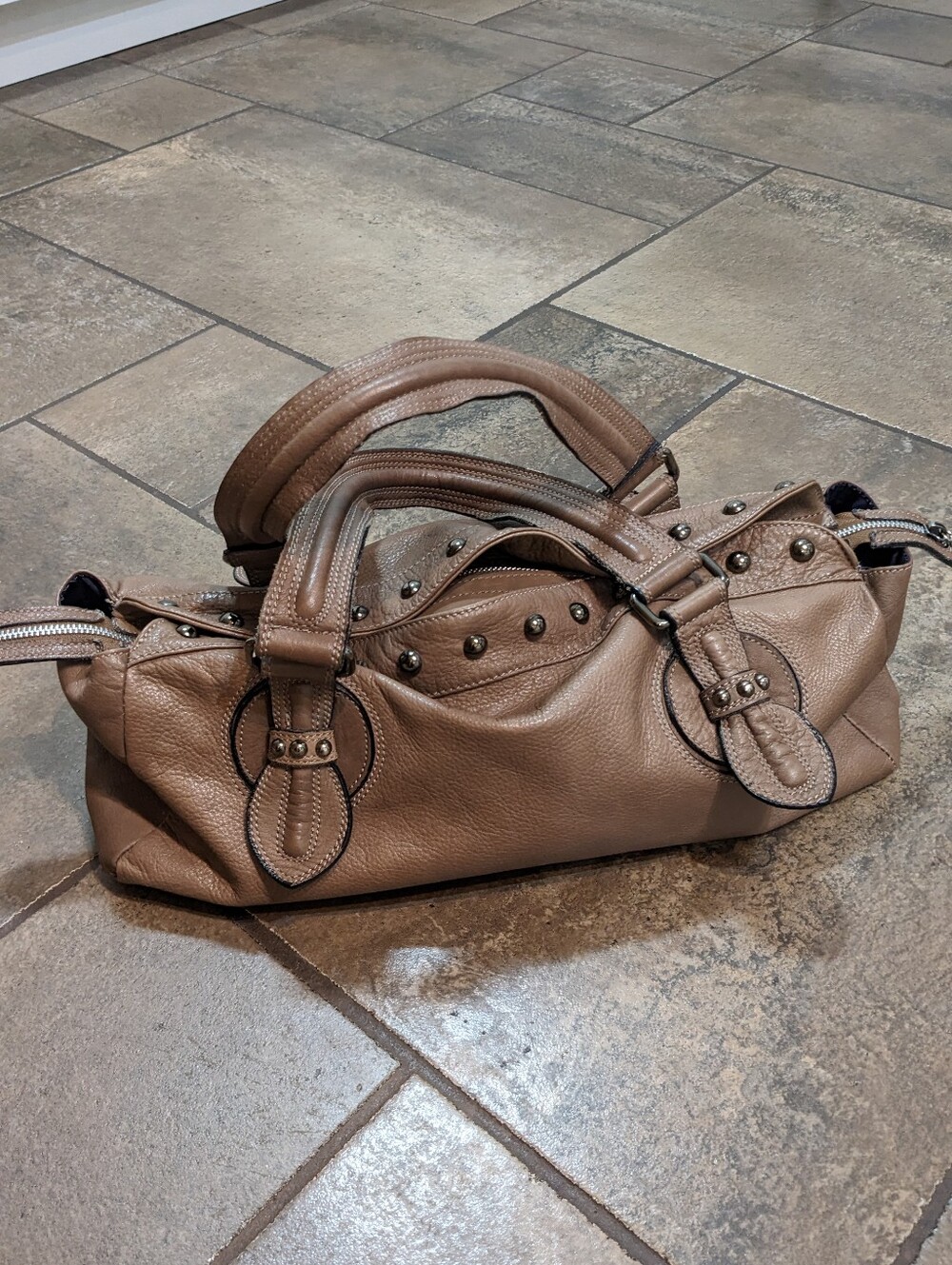 Dimoni Y2K Pebble Leather Stud Detail EW Butter Soft Satchel Shoulder Bag Taupe - Picture 3 of 17